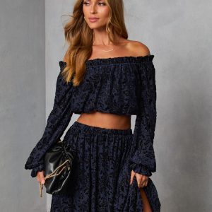 Miriza Flocked Mesh Velvet Off The Shoulder Top