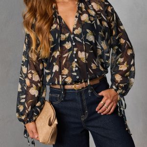Rustic Bloom Printed Neck Tie Top