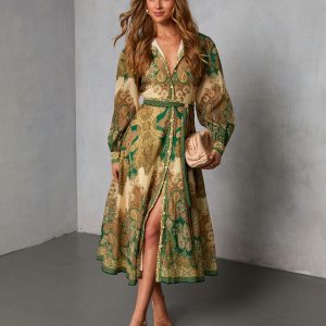 Olandra Printed Waist Tie Maxi Dress