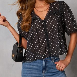 Darling Spark Polka Dot Lace Trim Blouse