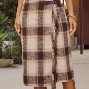 Sweet Warmth Plaid Fringe Trim Midi Skirt