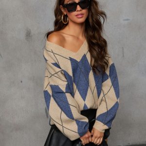 Remma Argyle Print V Neck Sweater