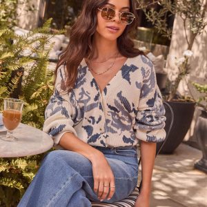 Honeyed Timber Knit Printed Cardigan