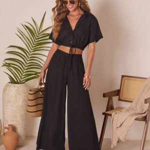 Gabbie Short Sleeve Collared Button Up Top