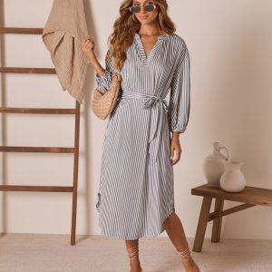 Midsummers Day Waist Tie Midi Shirt Dress