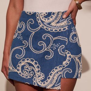 Kerrie Embroidered Denim Mini Skort