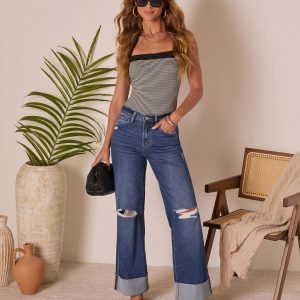 Jaidan Stretch Distressed Wide Leg Cuffed Jeans
