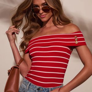 Strawberry Tide Striped Off The Shoulder Top