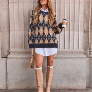 Blushleaf Argyle Crew Neck Sweater