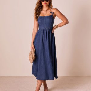 Tide To Me Bow Strap Midi Chambray Dress