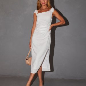 Edith Linen Cinched Tie Shoulder Midi Dress