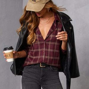 Muted Ember Plaid Button Down Top