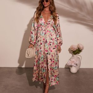 Korina Satin Printed Kimono Empire Waist Maxi Dress