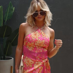 Viva La Vida Satin Printed Fringe Hem Halter Top