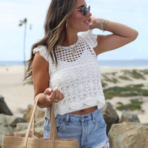 Bella Crochet Knit Eyelet Flutter Sleeve Top