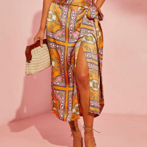 Manique Satin Printed Side Tie Midi Skirt