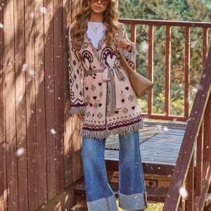 Anneston Printed Wrap Tie Fringe Cardigan