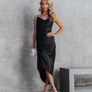 Juliana Satin Cowl Neck Ruched Asymmetrical Maxi Dress